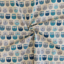 Tissu coton imprimé chouettes bleues