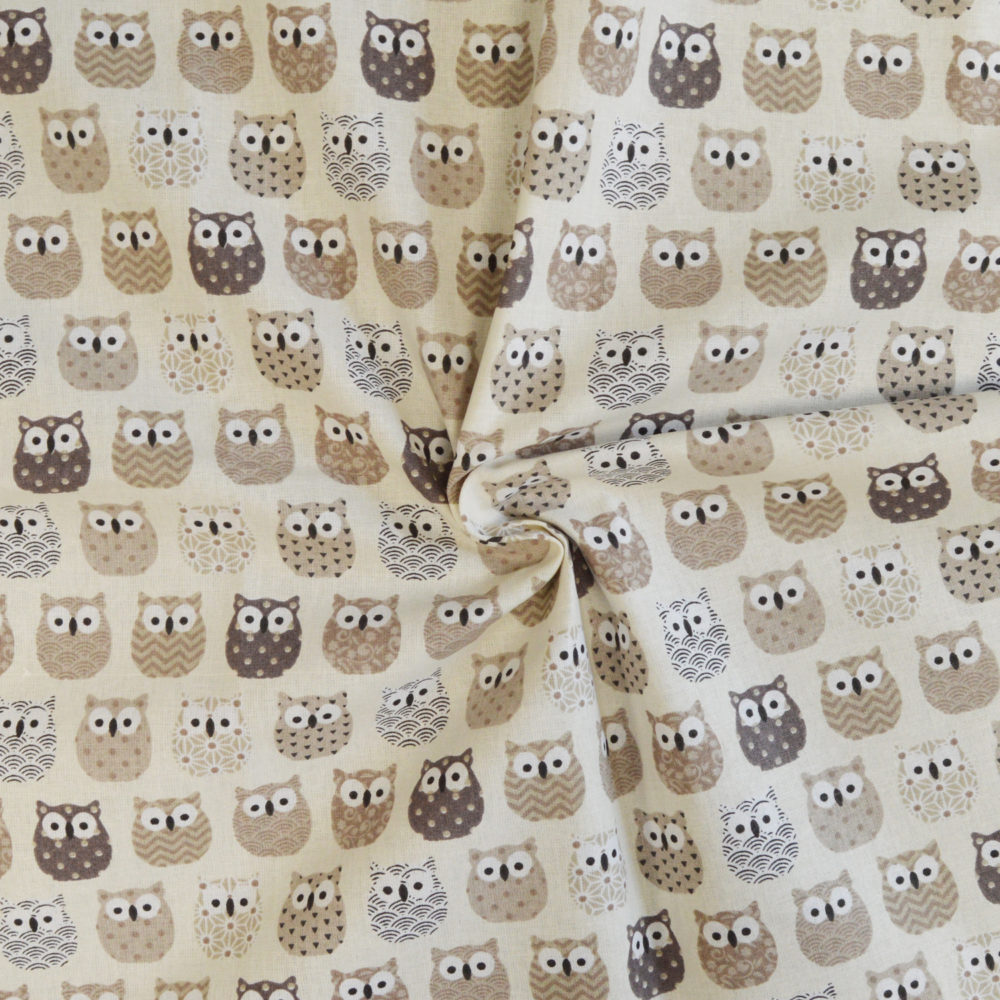 Tissu coton imprimé chouettes beige