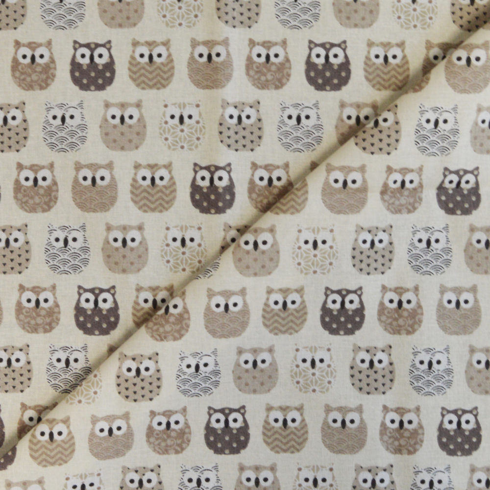 Tissu coton imprimé chouettes beige